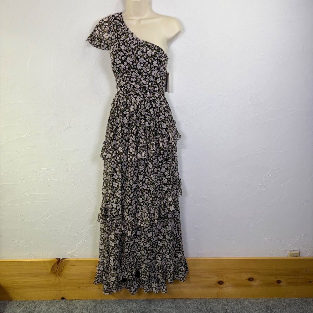 New Mikael Aghal Womens Floral One Shoulder Ruffled Maxi Dress 6 Black Romantic